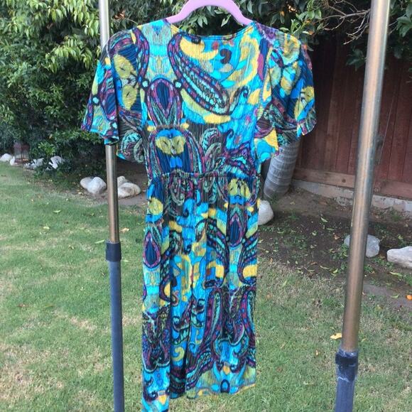 VINTAGE 90s NINETIES BOHO PRINT DRESS W/EMBELLISHED NECKLINE MEDALLION S unworn - Picture 3 of 6